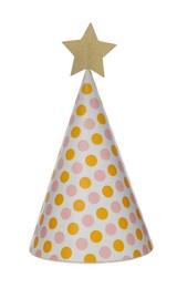 Bright party hat with star isolated on white. Festive accessory