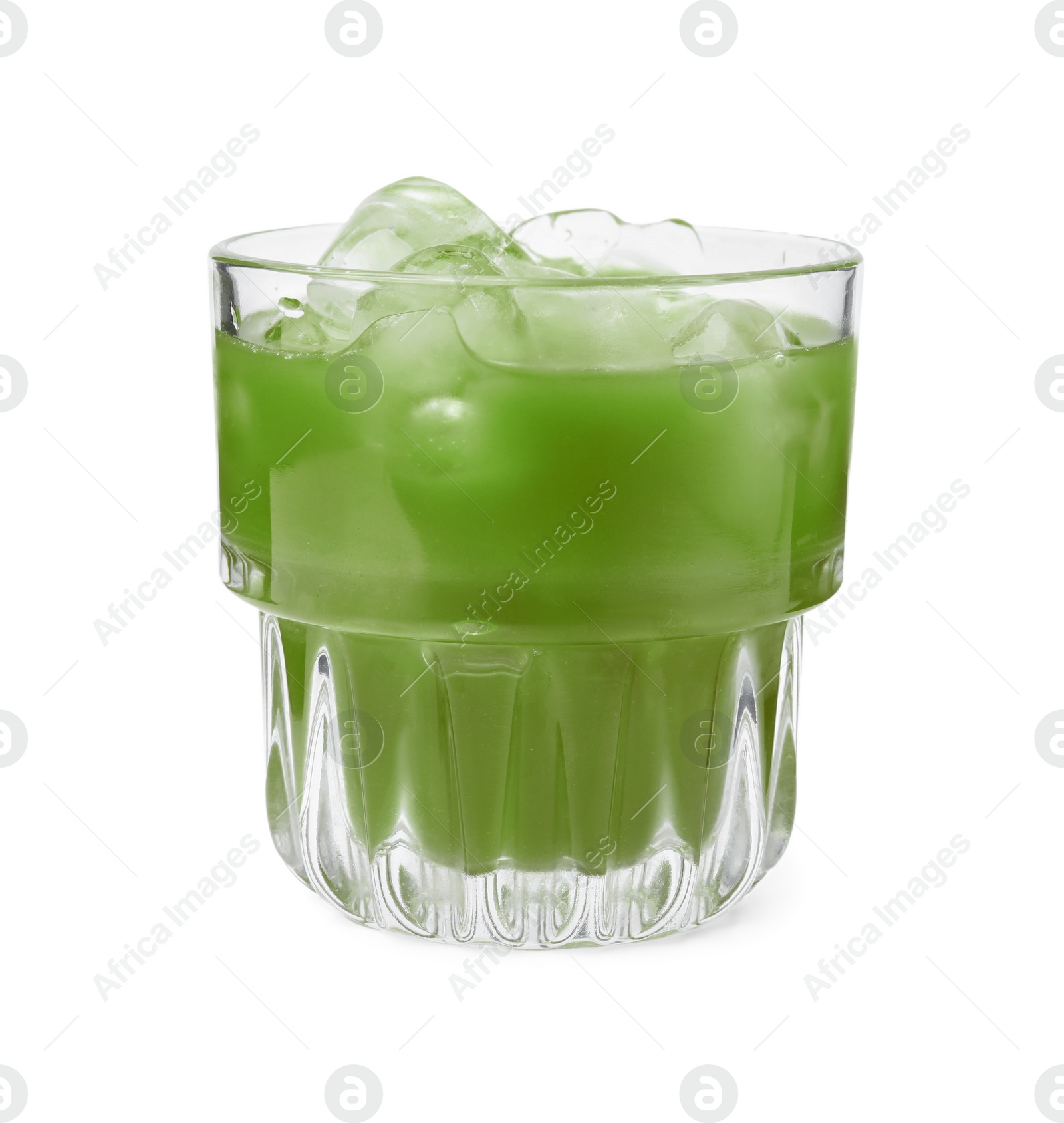 Photo of Glass of delicious iced green matcha tea isolated on white