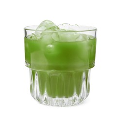 Glass of delicious iced green matcha tea isolated on white