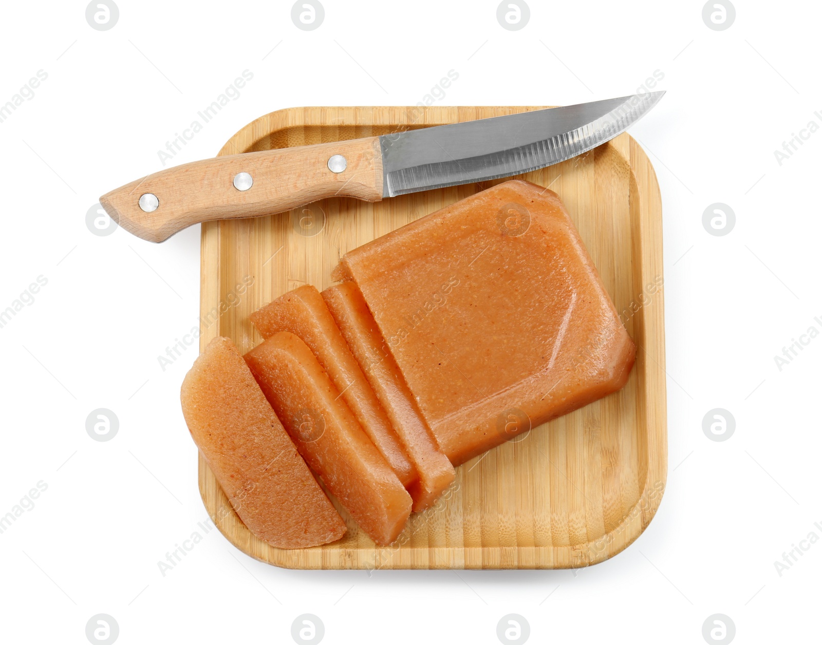 Photo of Delicious sweet quince paste and bread isolated on white