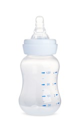 Photo of Empty feeding bottle for infant formula isolated on white