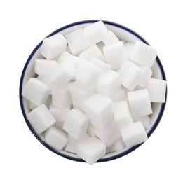 Bowl of refined sugar cubes isolated on white, top view