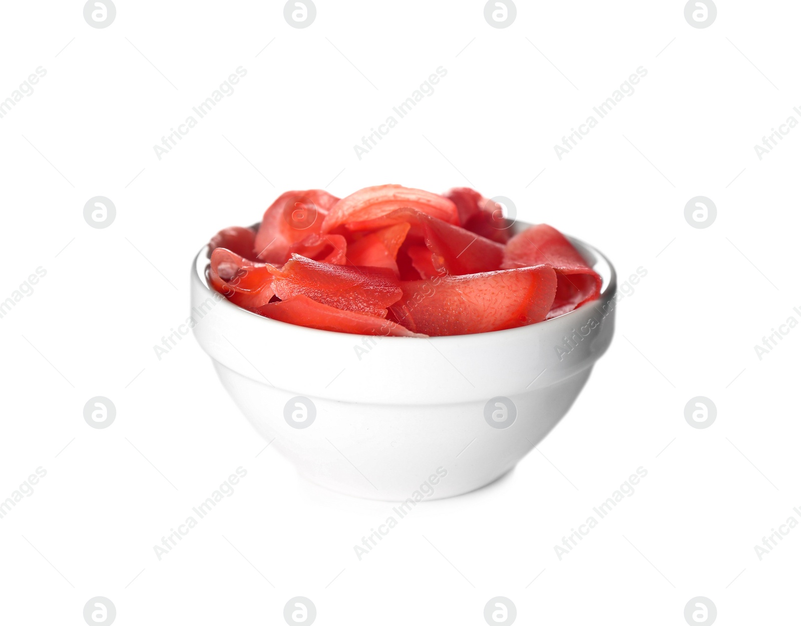 Photo of Pickled ginger in bowl isolated on white