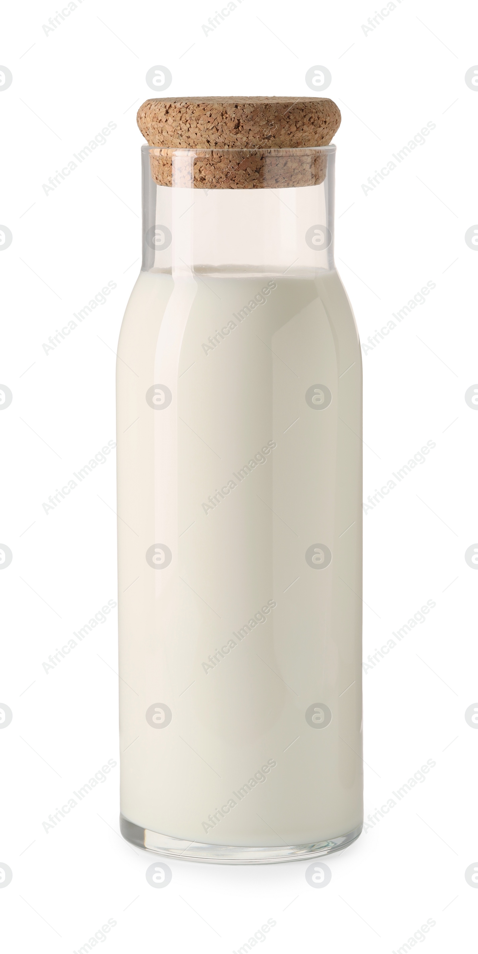 Photo of Glass carafe of fresh milk and lid isolated on white