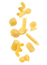 Image of Different types of pasta flying on white background