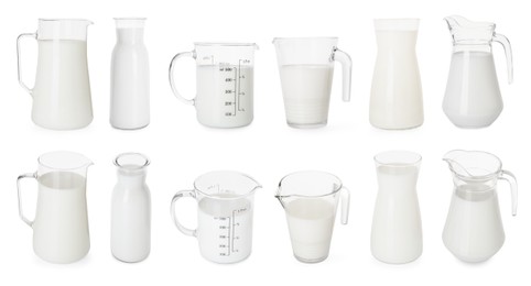 Image of Fresh milk in jugs isolated on white, set