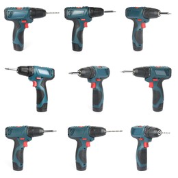Image of Set of modern electric drills on white background