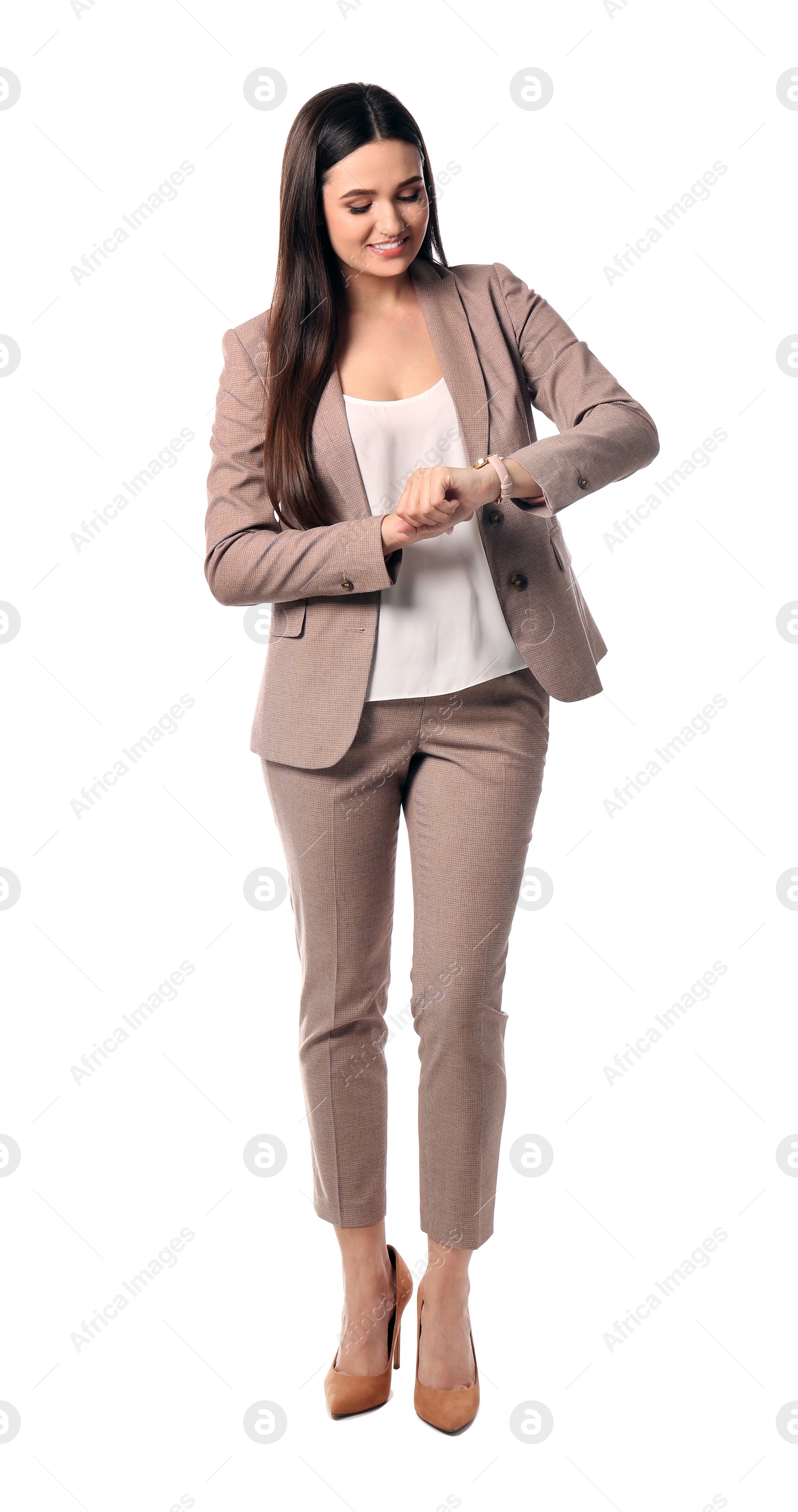 Photo of Full length portrait of businesswoman posing on white background