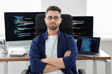 Photo of Happy young programmer working at desk in office