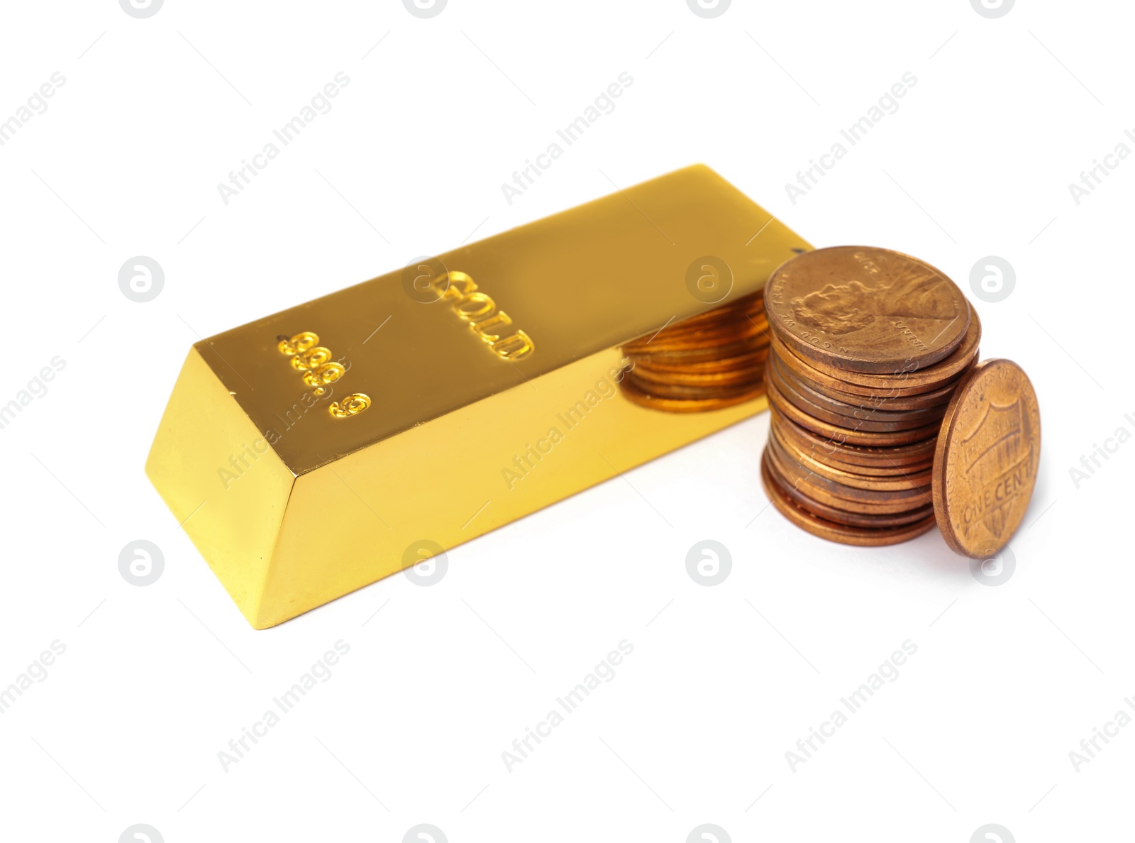 Photo of Gold bar and coins on white background