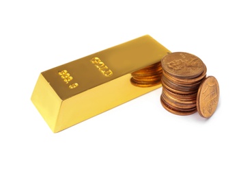 Gold bar and coins on white background