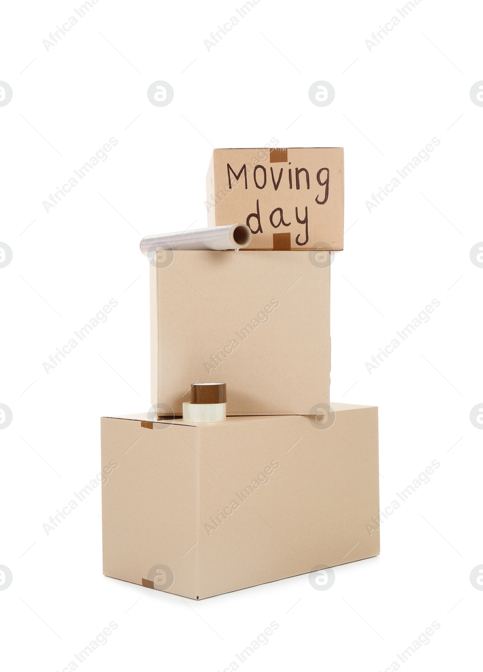 Photo of Cardboard boxes on white background. Moving day