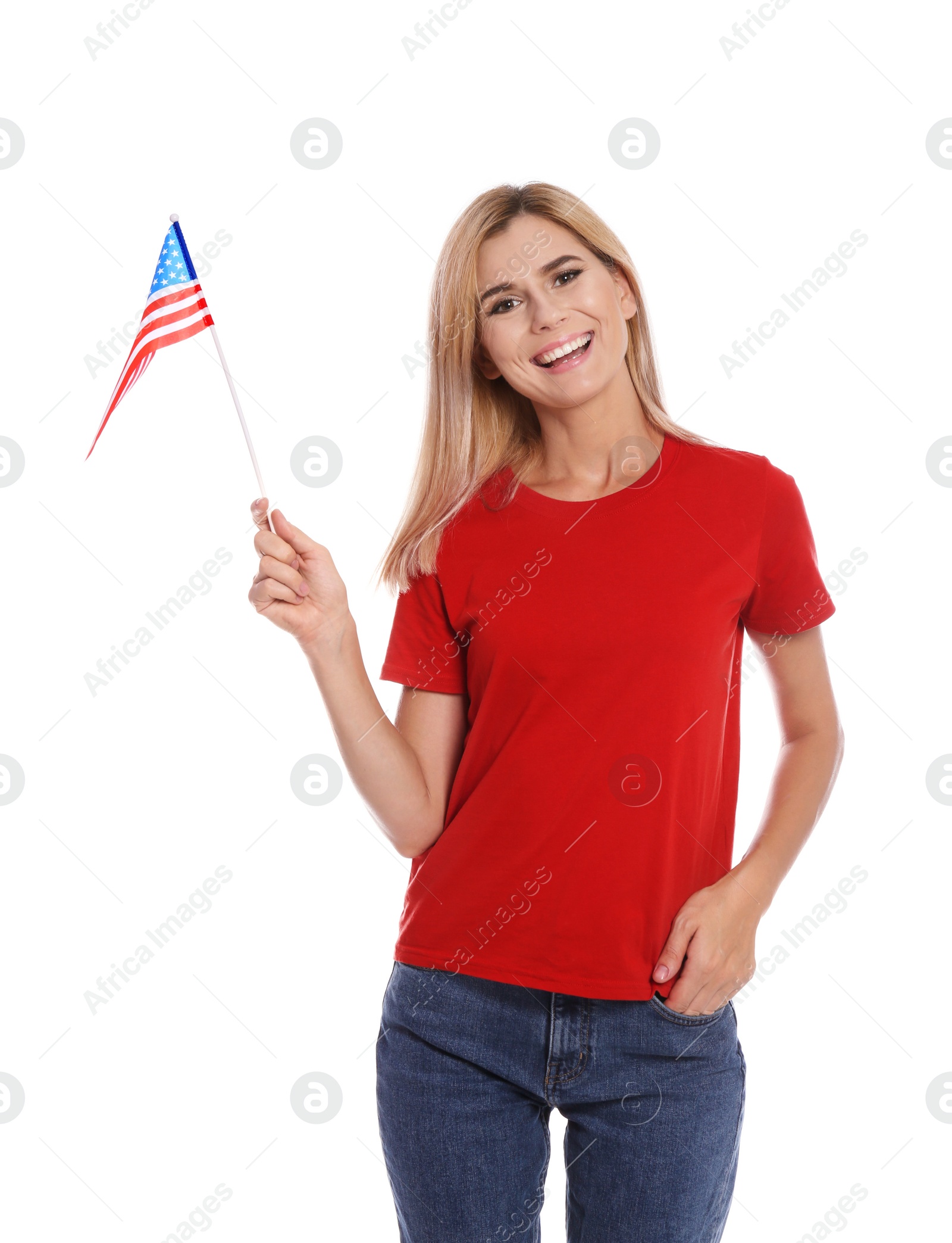 Photo of Portrait of woman with American flag on white background