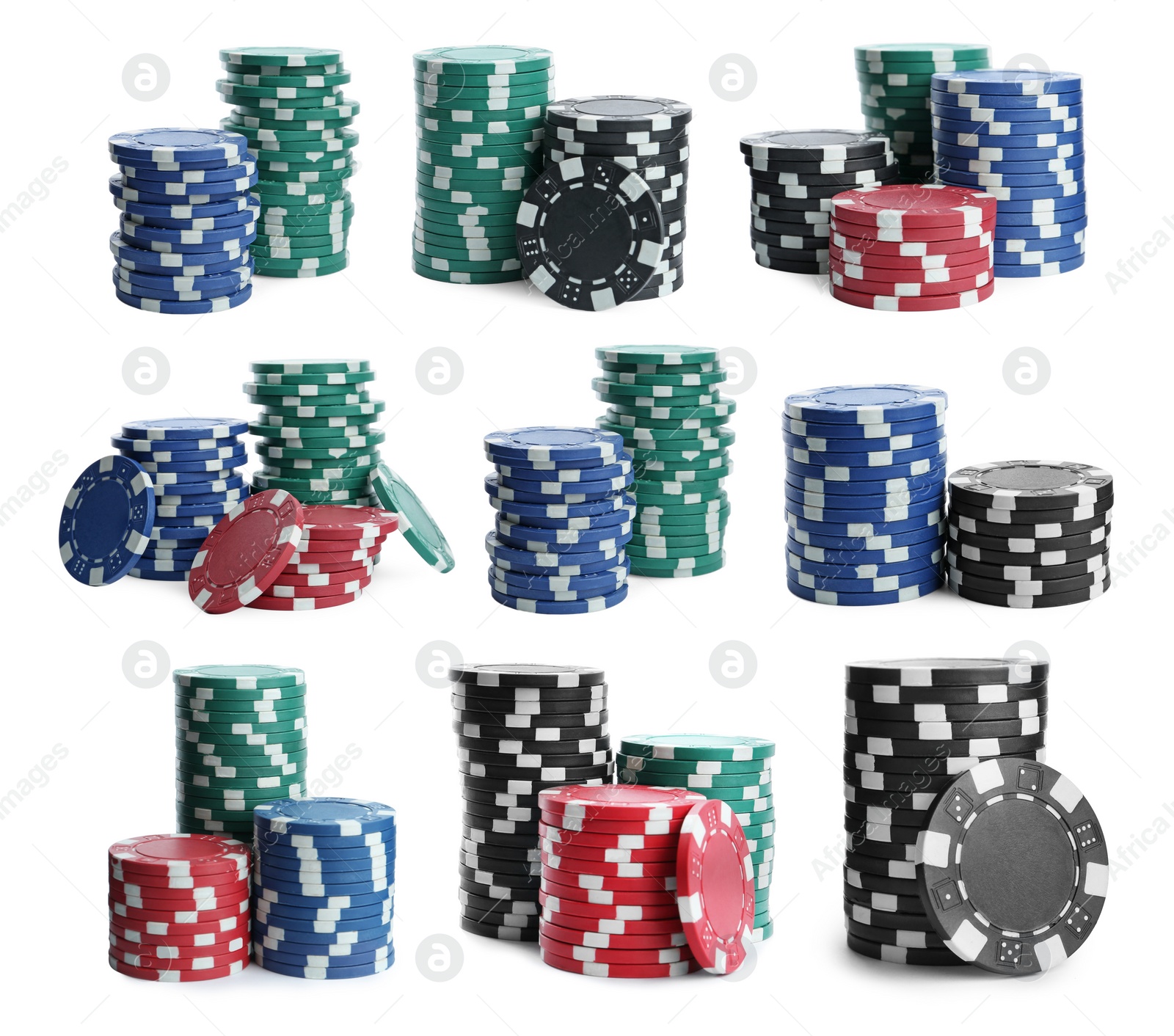 Image of Set with stacks of different casino chips on white background. Poker game