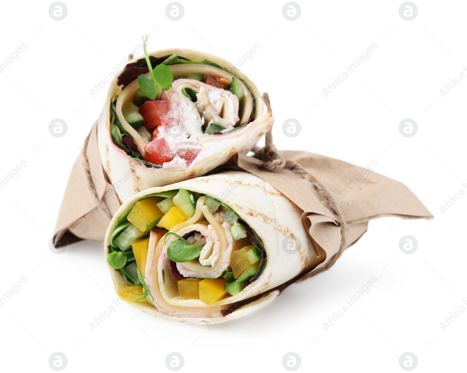 Photo of Delicious sandwich wraps with fresh vegetables isolated on white