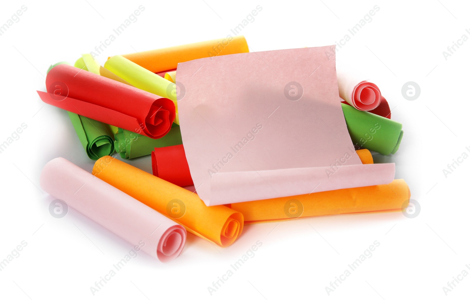 Photo of Colorful paper pieces for lottery on white background