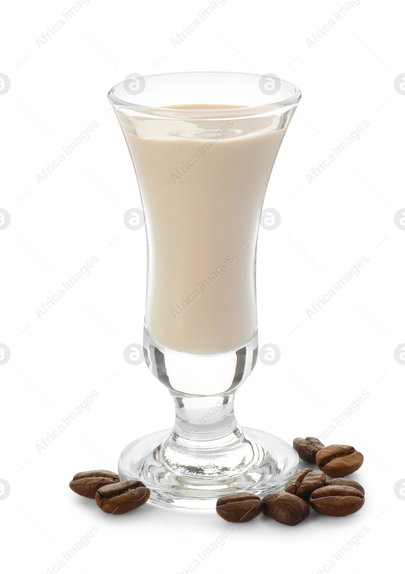 Photo of Glass of coffee cream liqueur and beans isolated on white