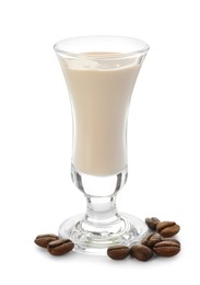 Glass of coffee cream liqueur and beans isolated on white