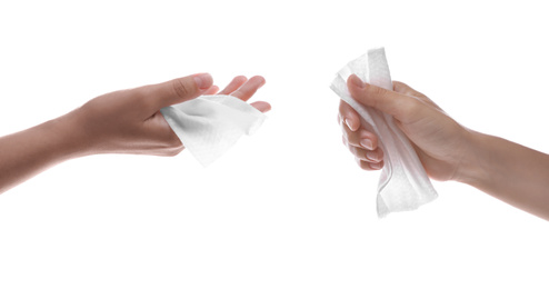 Image of Closeup view of people holding wet wipes on white background