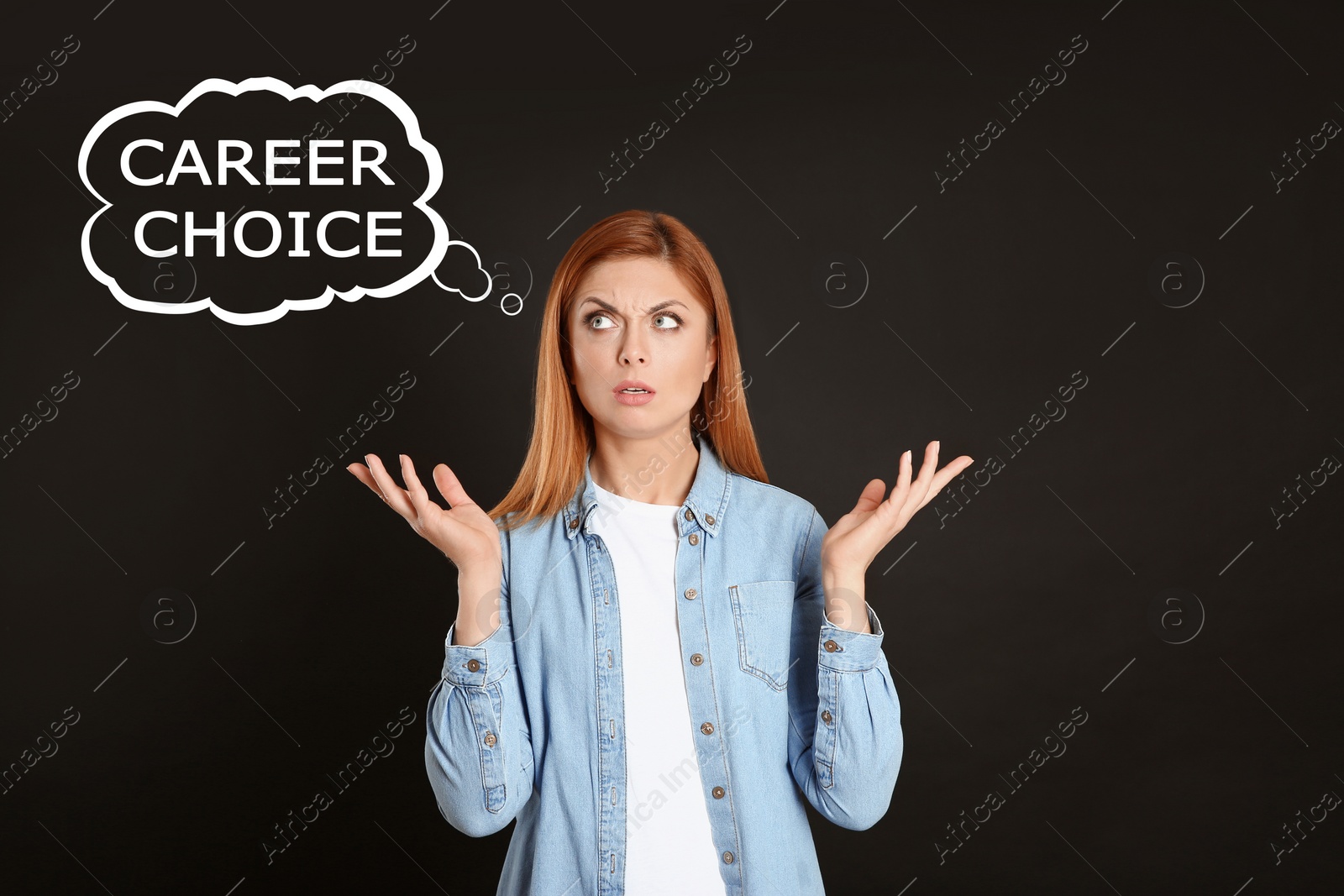 Image of Woman thinking about career choice on black background