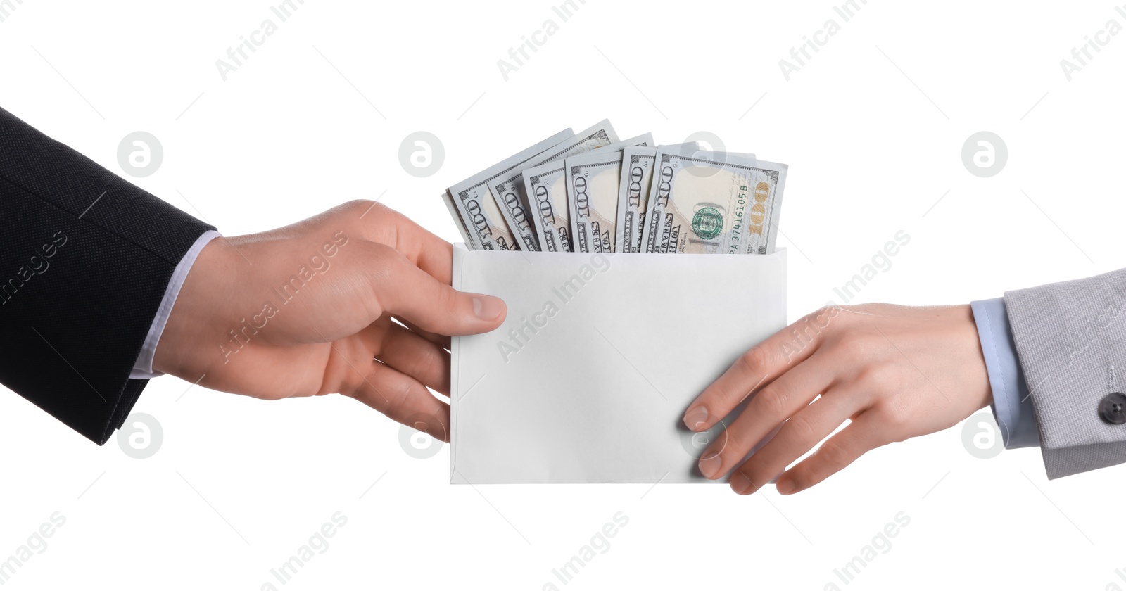 Photo of Money exchange. Man giving envelope with dollar banknotes to woman on white background, closeup