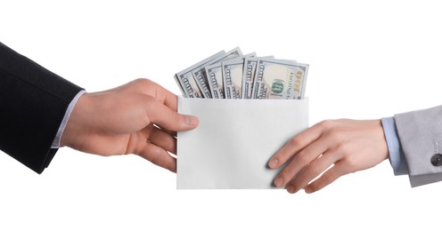 Photo of Money exchange. Man giving envelope with dollar banknotes to woman on white background, closeup