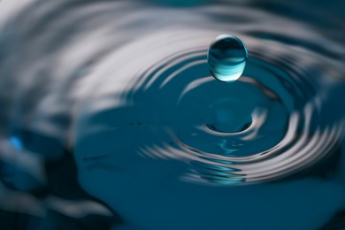 Drop falling into clear water on blue background, closeup