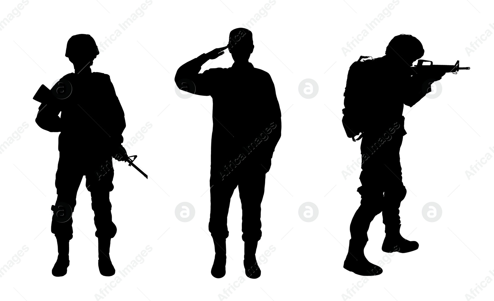 Image of Collage with silhouettes of soldiers on white background. Military service