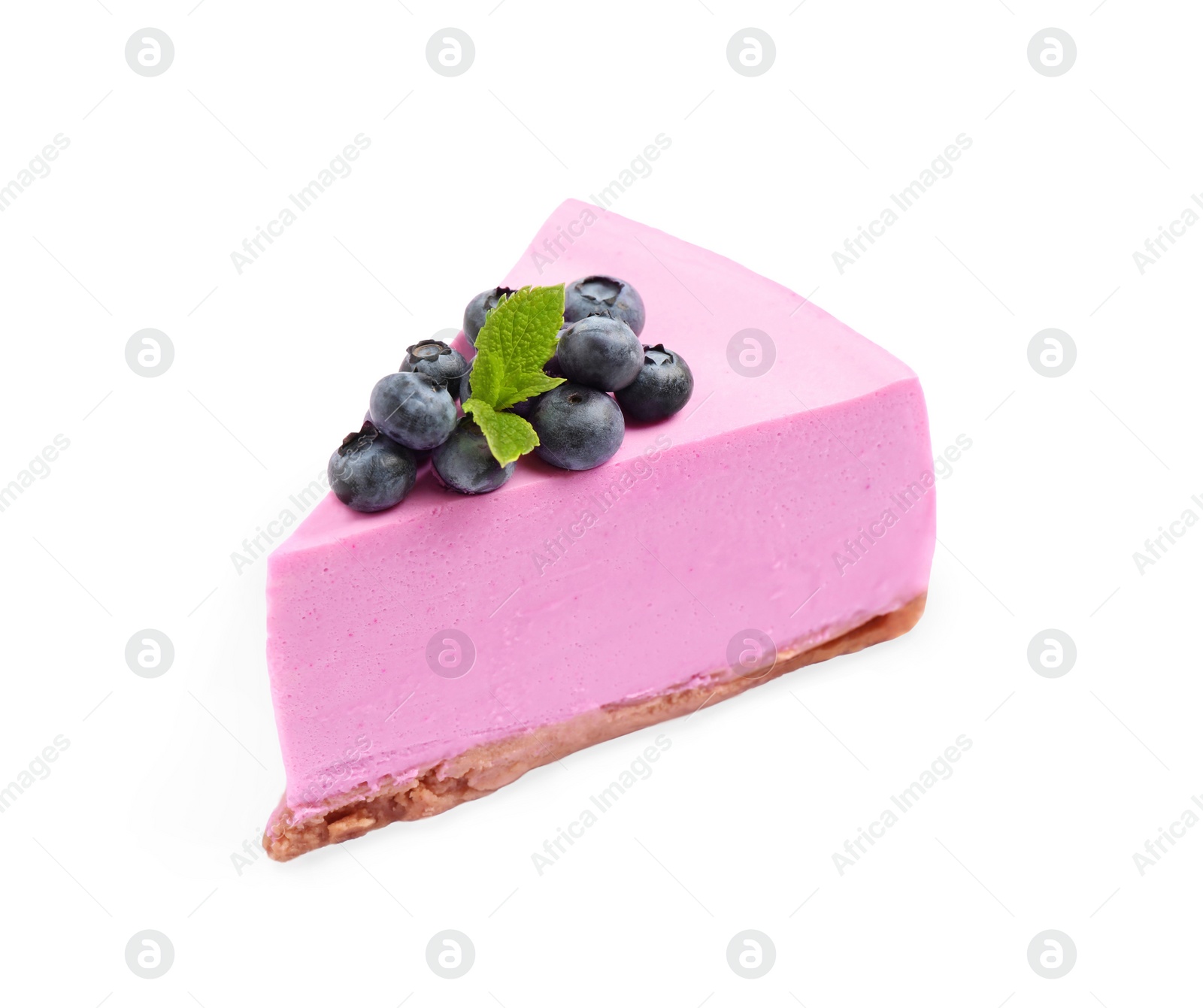 Photo of Piece of tasty blueberry cake with mint om white background