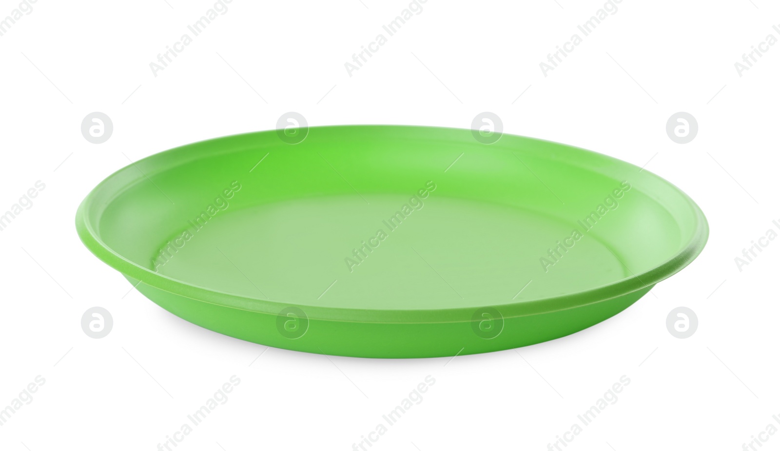 Photo of Disposable green plastic plate isolated on white