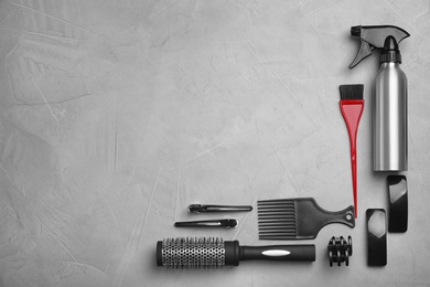 Professional hairdresser set on grey background