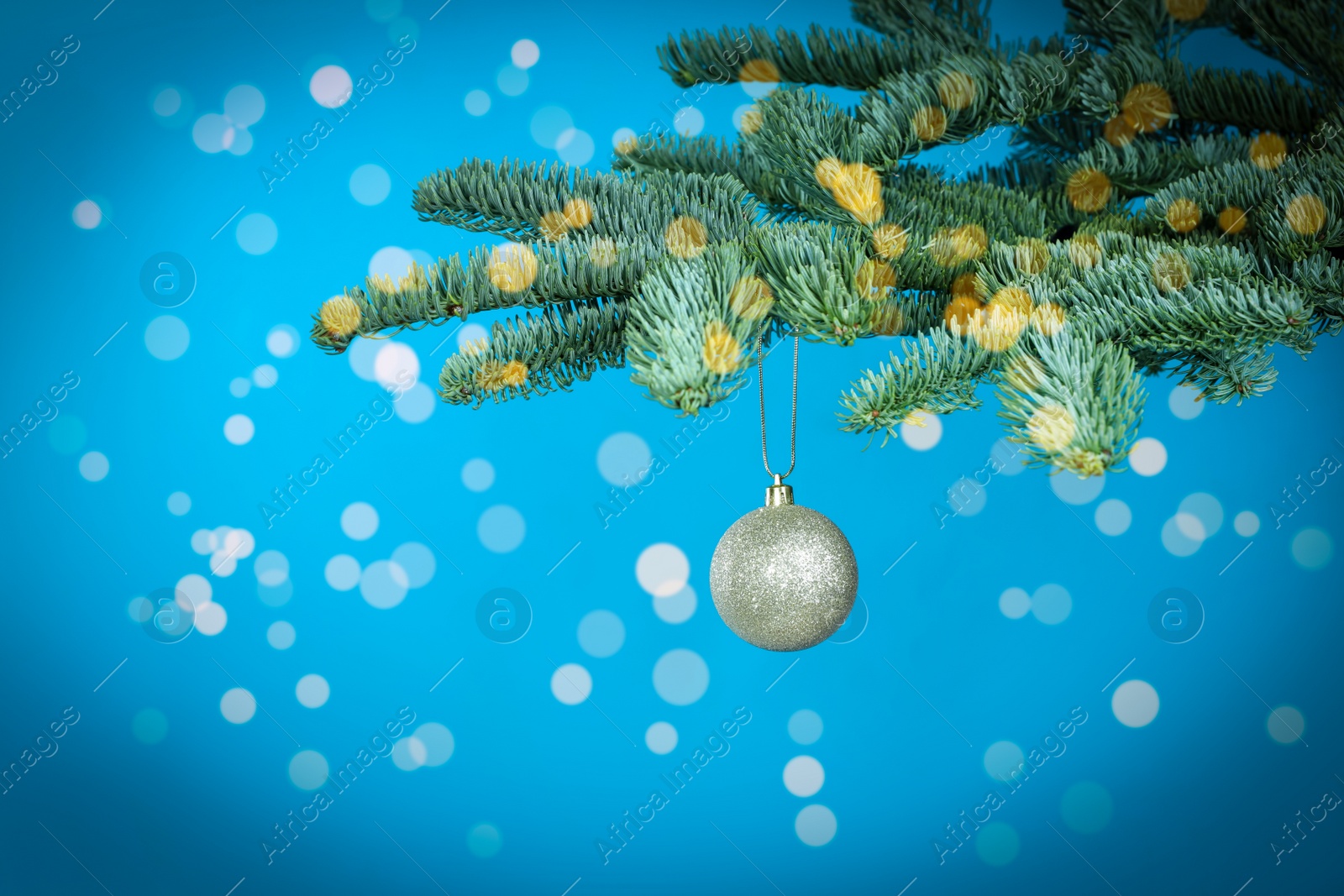 Photo of Beautiful Christmas ball hanging on fir tree branch against light blue background, bokeh effect