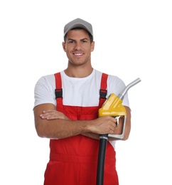 Photo of Gas station worker with fuel nozzle on white background