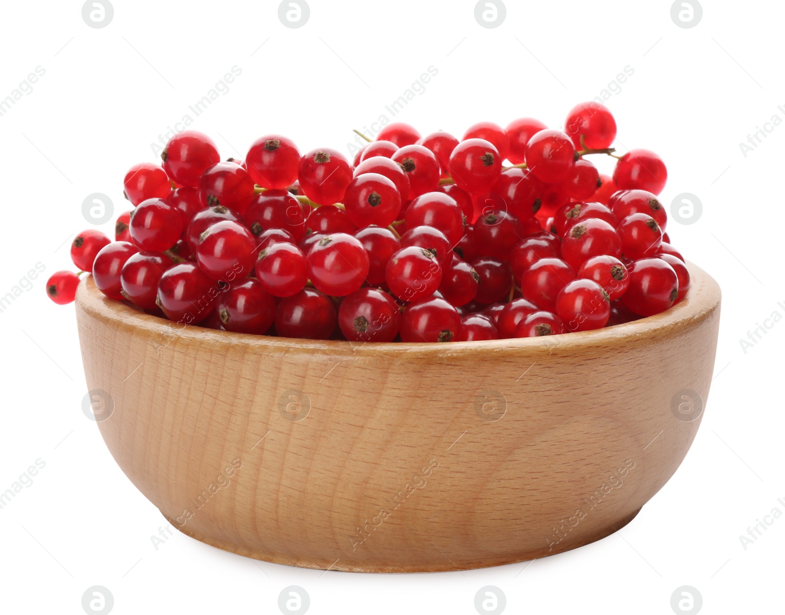 Photo of Delicious ripe red currants in bowl isolated on white