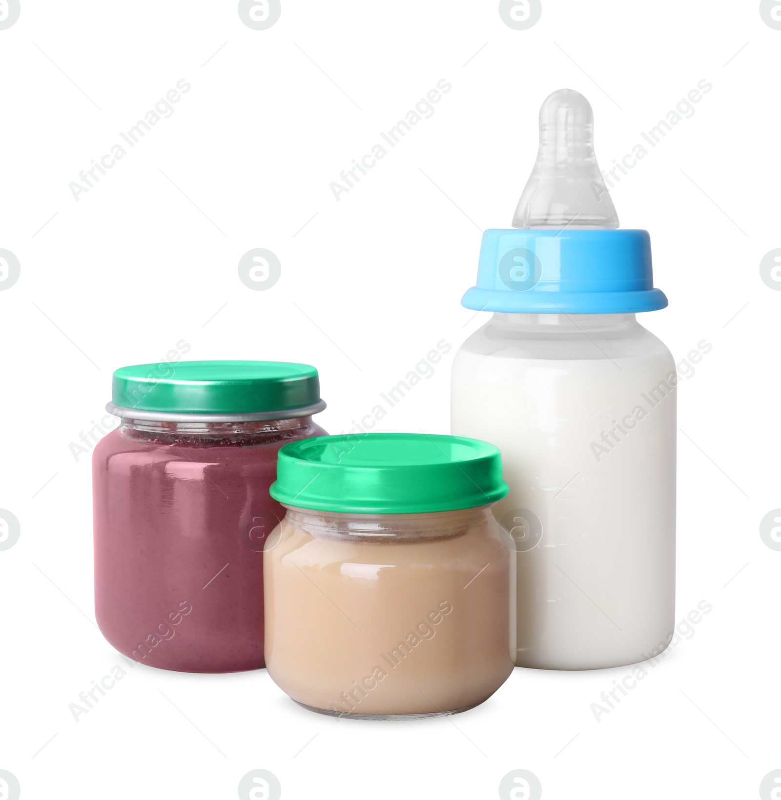 Photo of Healthy baby food and bottle with milk on light grey background