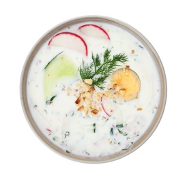 Photo of Delicious cold summer soup on white background, top view