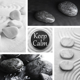 Collage with beautiful photos of stones. Zen and harmony