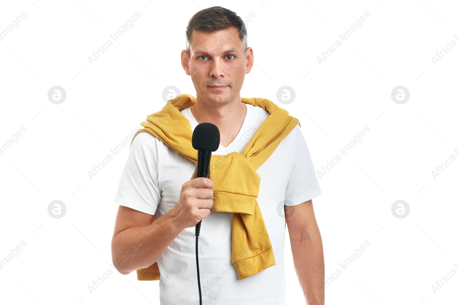 Photo of Male journalist with microphone on white background