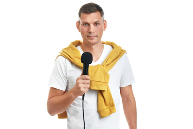 Photo of Male journalist with microphone on white background