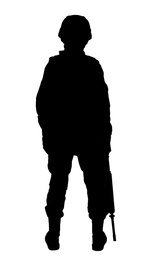 Silhouette of soldier with assault rifle on white background. Military service