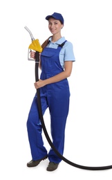 Photo of Gas station worker with fuel nozzle on white background