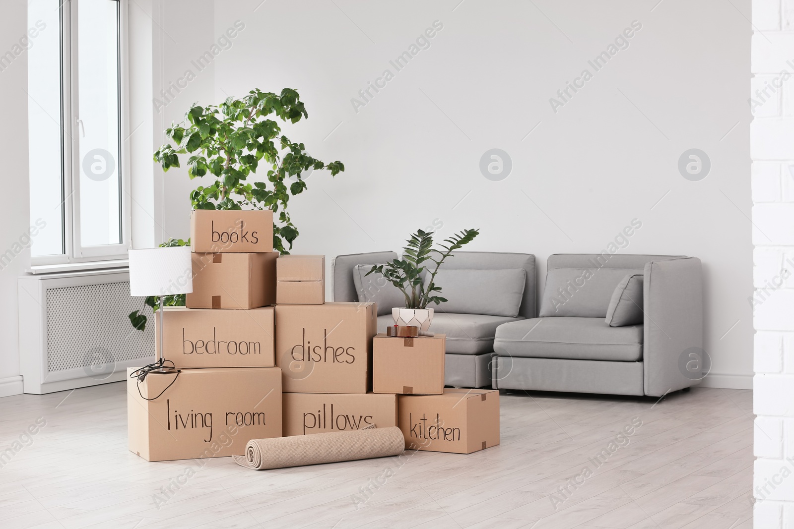 Photo of Pile of moving boxes and household stuff in living room