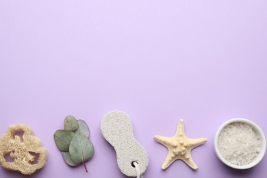 Photo of Flat lay composition with pumice stone on violet  background. Space for text