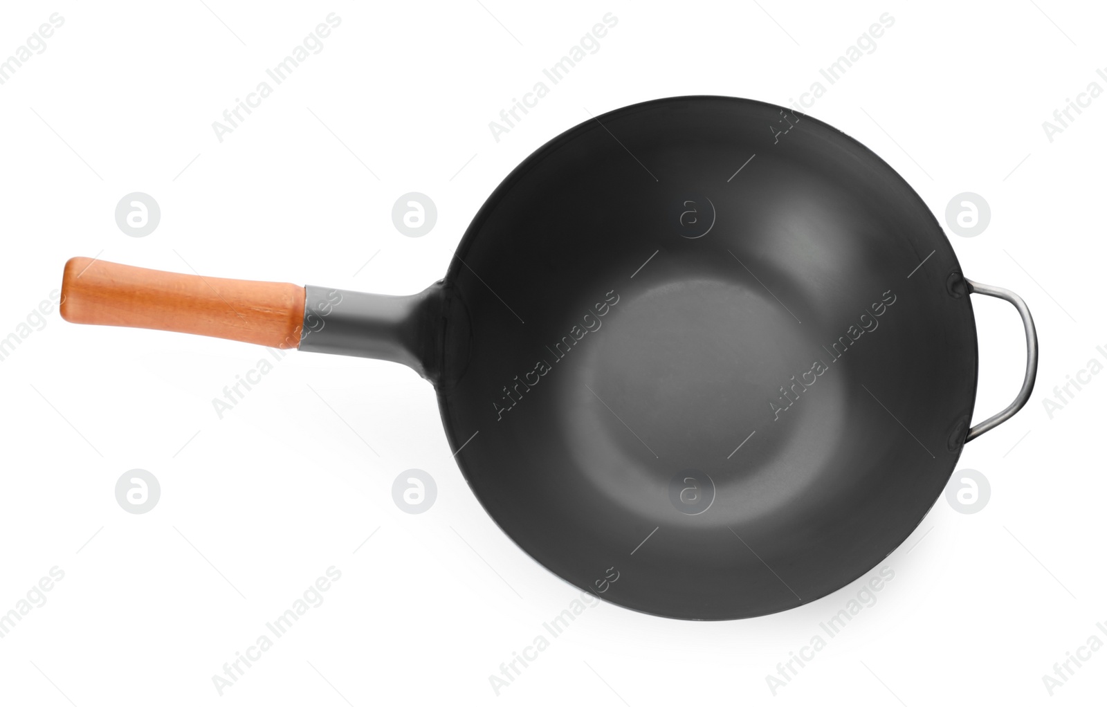 Photo of Empty iron wok isolated on white, top view. Chinese cookware