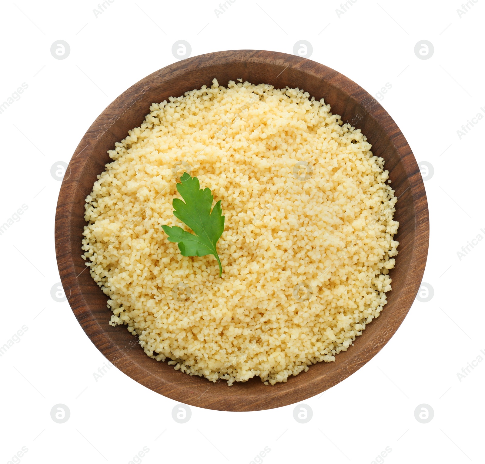 Photo of Tasty couscous with parsley on white background, top view