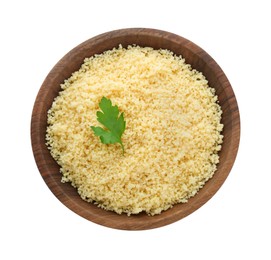 Tasty couscous with parsley on white background, top view