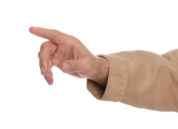 Man pointing at something against white background, closeup on hand