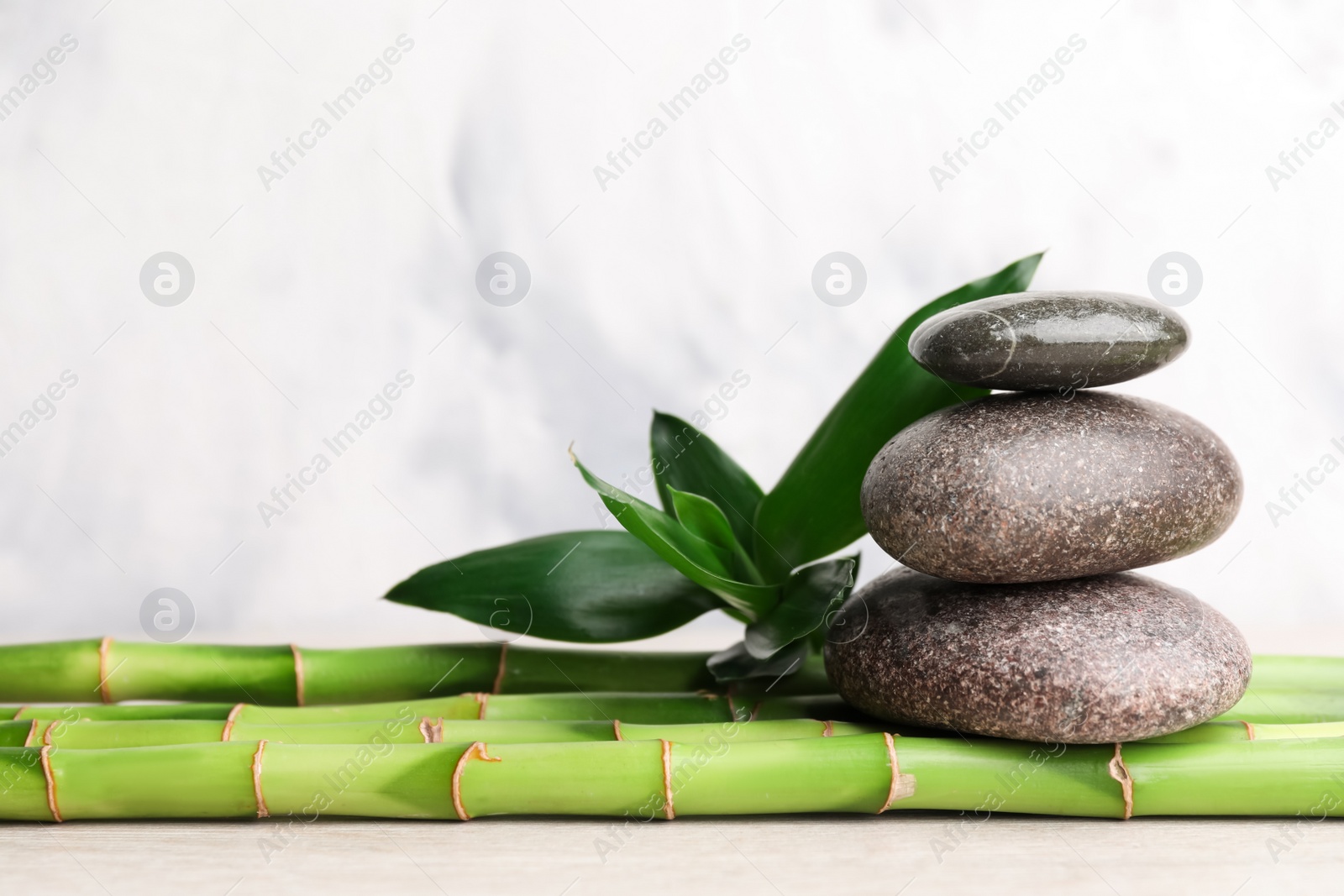 Photo of Stacked spa stones on bamboo stems against light blurred background. Space for text