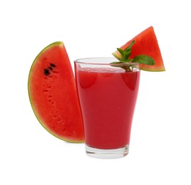 Photo of Glass of tasty watermelon drink with mint and cut fresh fruit isolated on white