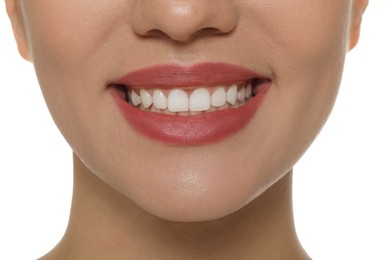 Photo of Happy young woman with white teeth, closeup